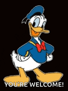 a picture of donald duck with the words " you 're welcome " below him