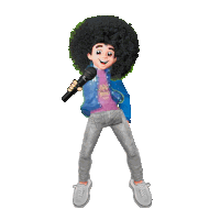 a cartoon character is holding a microphone and wearing a shirt that says " good rhythm "