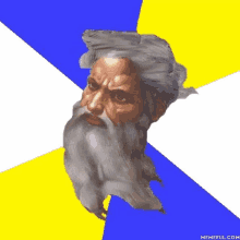 a painting of a man with a beard on a blue and yellow background with memeful.com in the corner