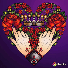 a drawing of a heart with roses and a crown and the word recolor on the bottom