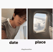 a picture of a man next to a picture of an airplane window with the words date and place on the bottom