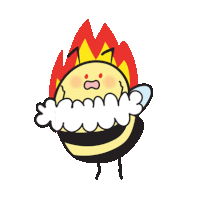 a cartoon drawing of a bee with flames behind its head