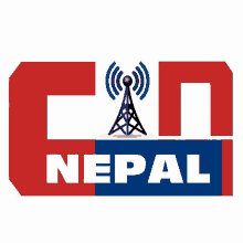 a red white and blue logo for nepal with a tower in the middle