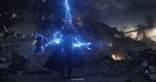 a picture of thor from the movie avengers endgame with lightning coming from his hammer