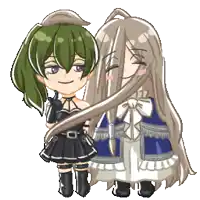 a girl with long hair is standing next to a girl with green hair