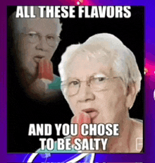 a meme of an elderly woman eating a watermelon popsicle