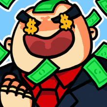 a cartoon of a man surrounded by money with a dollar sign in his eyes