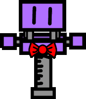 a purple robot with a red bow tie and a ruler on it .