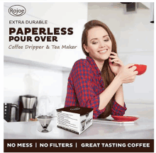 an advertisement for rojoe extra durable paperless pour over coffee dripper tea maker