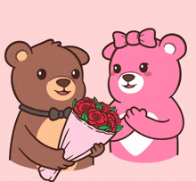 a brown teddy bear giving a pink teddy bear a bouquet of red roses