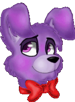 a drawing of a purple bunny with a red bow