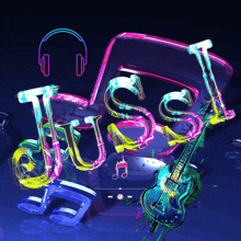 a neon sign that says just music with a guitar and headphones in the background