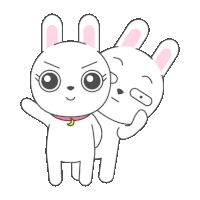 a couple of white rabbits with pink ears are standing next to each other on a white background