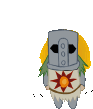 a cartoon knight with a helmet and a sun on his chest .