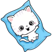 a white cat is laying on a blue pillow and smiling