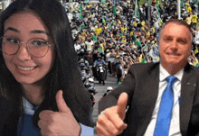 a woman in glasses is giving a thumbs up next to a man in a suit .