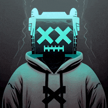 a person wearing a hoodie with a skull on their head that says xxx on it