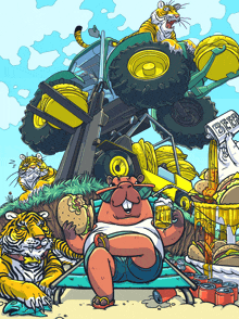 a cartoon drawing of a beaver holding a beer surrounded by tigers and a tractor