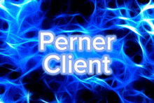 a blue background with the words perner client in white letters