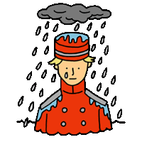 a cartoon drawing of a man in a red coat standing in the rain with a cloud over his head .