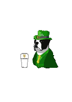 a boston terrier wearing a leprechaun hat holds a glass of guinness beer