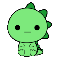 a cute green dinosaur with a sad face is sitting down .