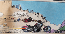 a comic strip shows a man riding a motorcycle and says nei totkazi