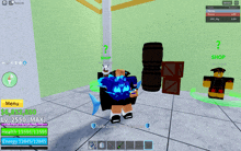 a screenshot of a roblox game shows a person holding a sword and a barrel