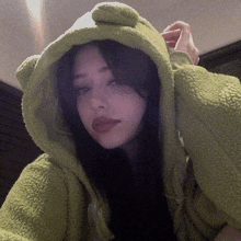 a girl wearing a green frog hoodie with ears is taking a selfie .