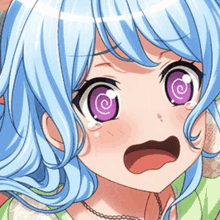 a blue haired anime girl with purple eyes and a surprised look on her face