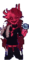 a pixel art drawing of a monster with horns holding a microphone