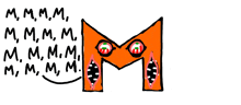 a cartoon drawing of a letter m with red eyes and mouth