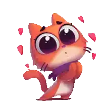 a cartoon cat is wearing a purple scarf and surrounded by red hearts