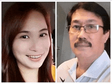 a woman with braces on her teeth and a man with glasses and a mustache