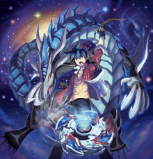 a boy is standing next to a blue dragon and a spinning top .