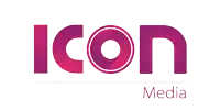 a logo for icon media shows a pink circle in the middle