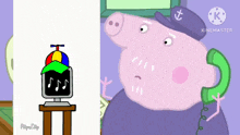 a cartoon of a pig talking on a cell phone next to a computer monitor with music notes on it .