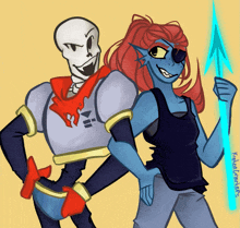 a drawing of a skeleton and a girl with a blue spear by a person named kahlua studios