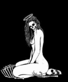 a black and white drawing of a naked woman with a halo kneeling on a skeleton .