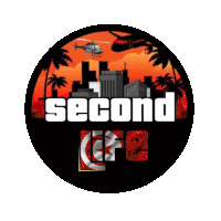 a logo for second life with a city skyline and helicopters