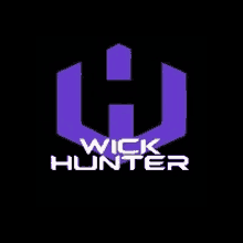 a wick hunter logo with a purple hexagon on a black background