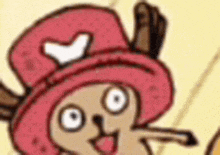 a close up of a cartoon character wearing a pink hat with a white bird on it .