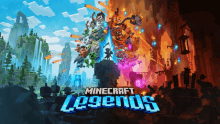 a poster for minecraft legends shows a waterfall and a castle