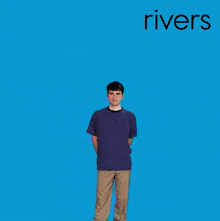 a man in a blue shirt is standing in front of a blue background with the word rivers on it