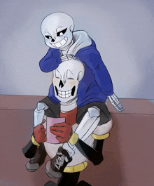 a drawing of two skeletons with one holding a cup