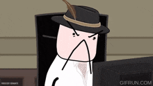 a cartoon of a man wearing a hat is sitting in front of a computer