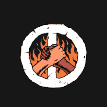 a drawing of two hands in a peace sign with flames in the background