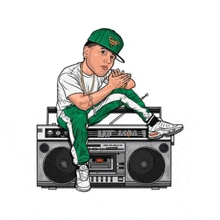 a cartoon illustration of a man sitting on top of a boombox .