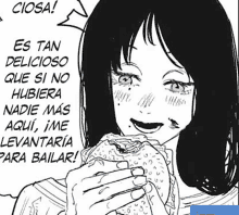 a black and white drawing of a woman eating a hamburger in spanish .