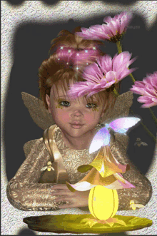 a little girl with flowers in her hair is holding a lamp